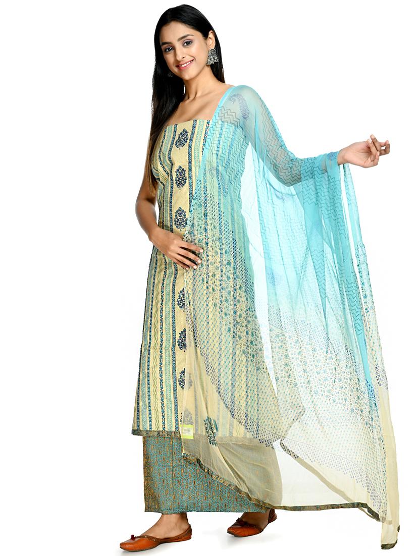 blue cotton blend unstitched suit - 18269399 - Standard Image - 1