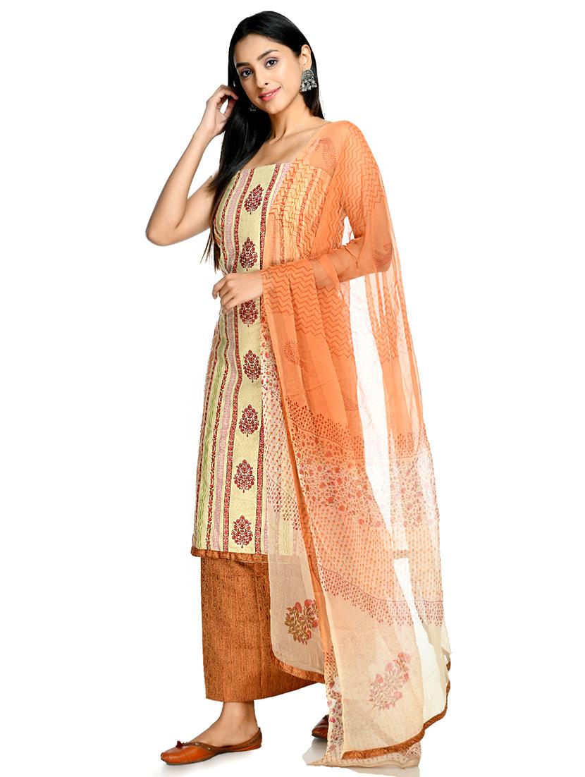 orange cotton blend unstitched suit - 18269400 - Standard Image - 1
