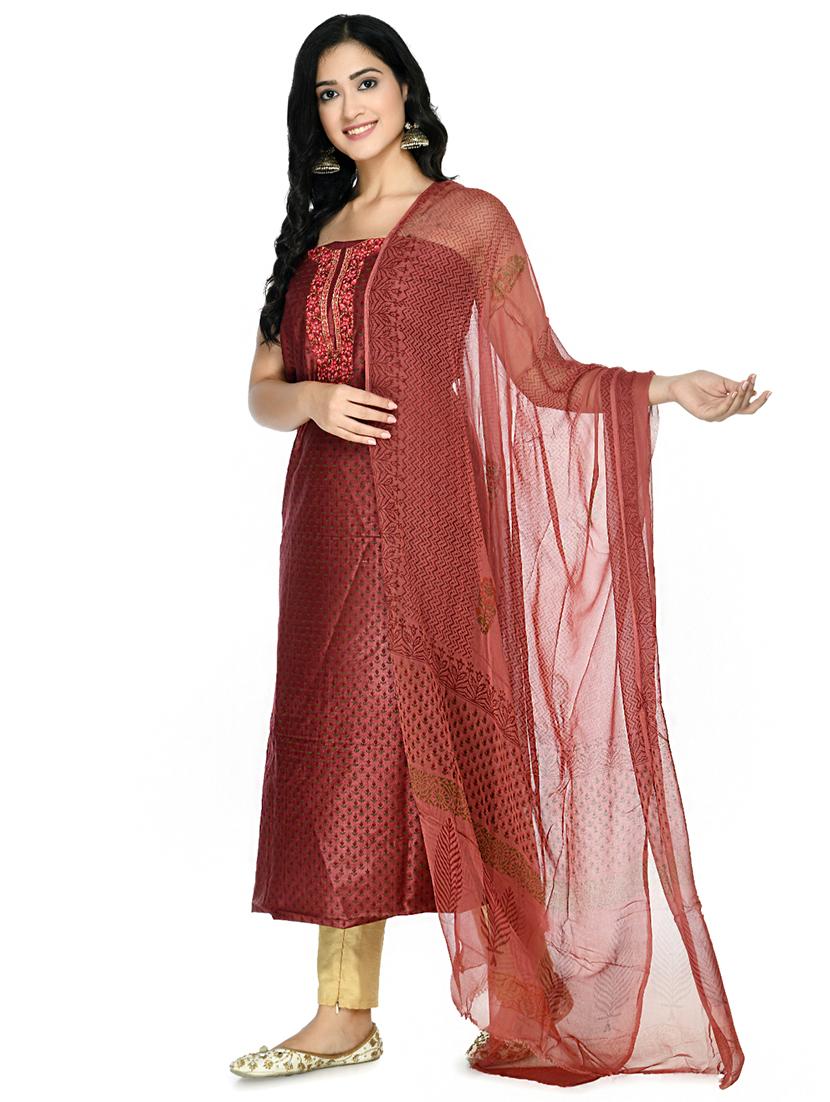 maroon cotton blend unstitched suit - 18269421 - Standard Image - 1