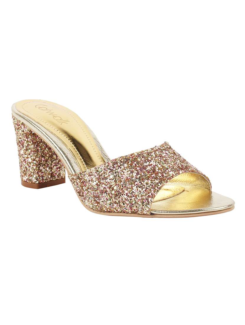 gold synthetic slip on sandals