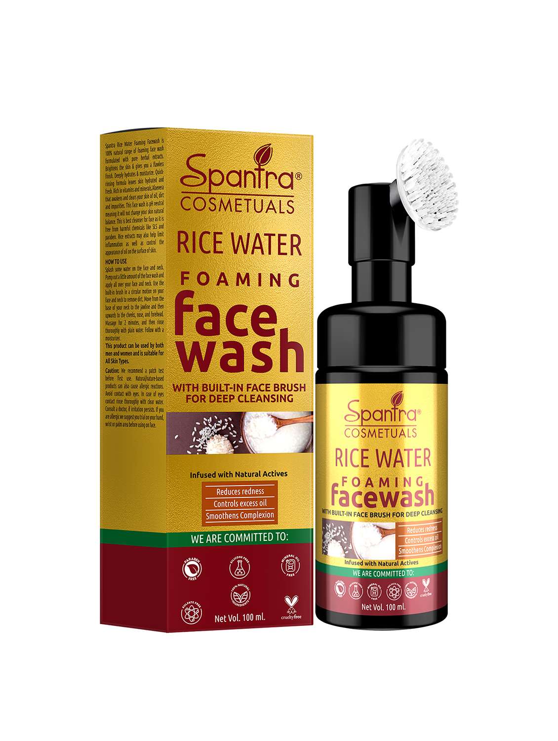spantra rice water foaming face wash with built- in face brush for deep cleaning 100ml face wash
