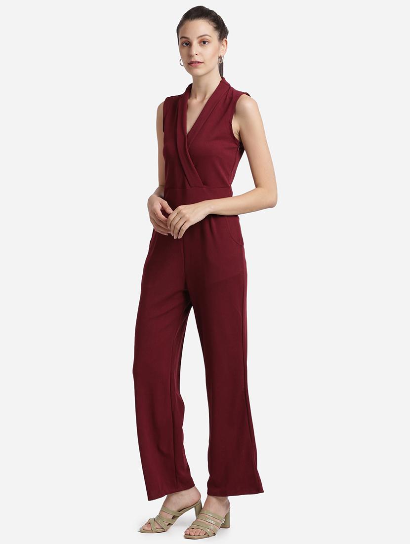 overlap neck solid full leg jumpsuit - 18276749 - Standard Image - 1