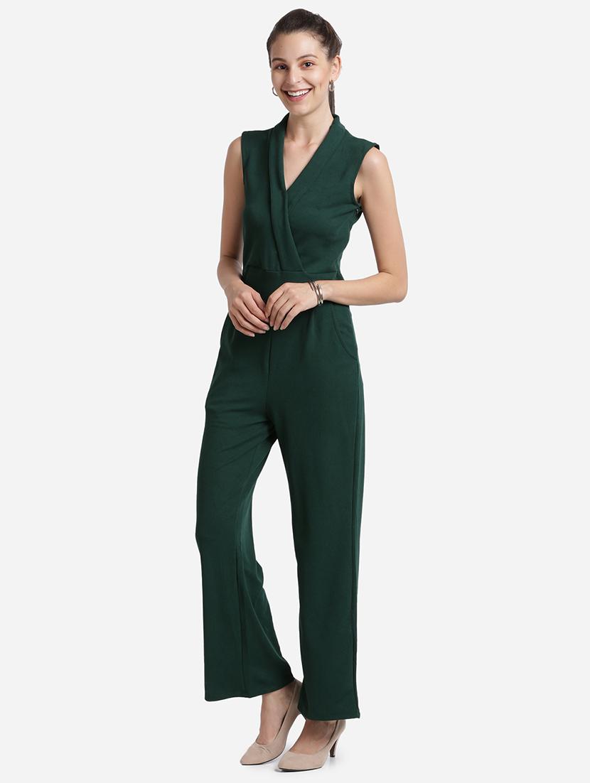 overlap neck solid full leg jumpsuit - 18276750 - Standard Image - 1