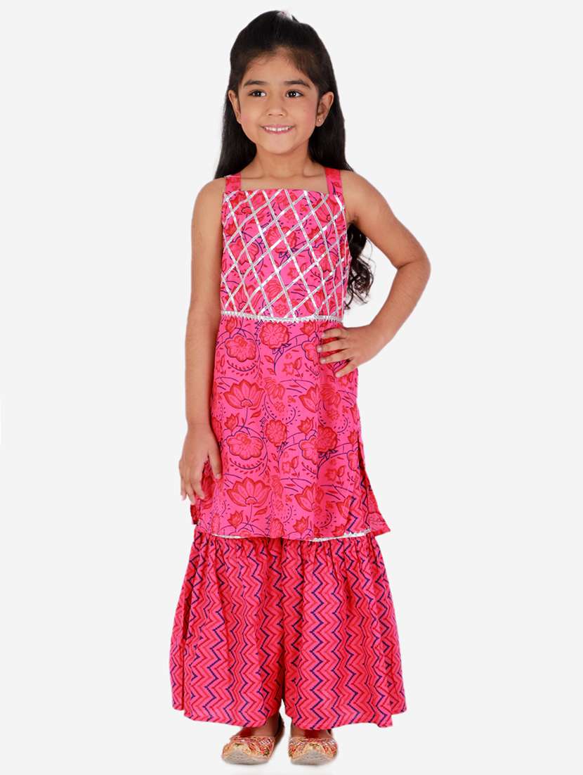 pink printed kurta sharara suit set