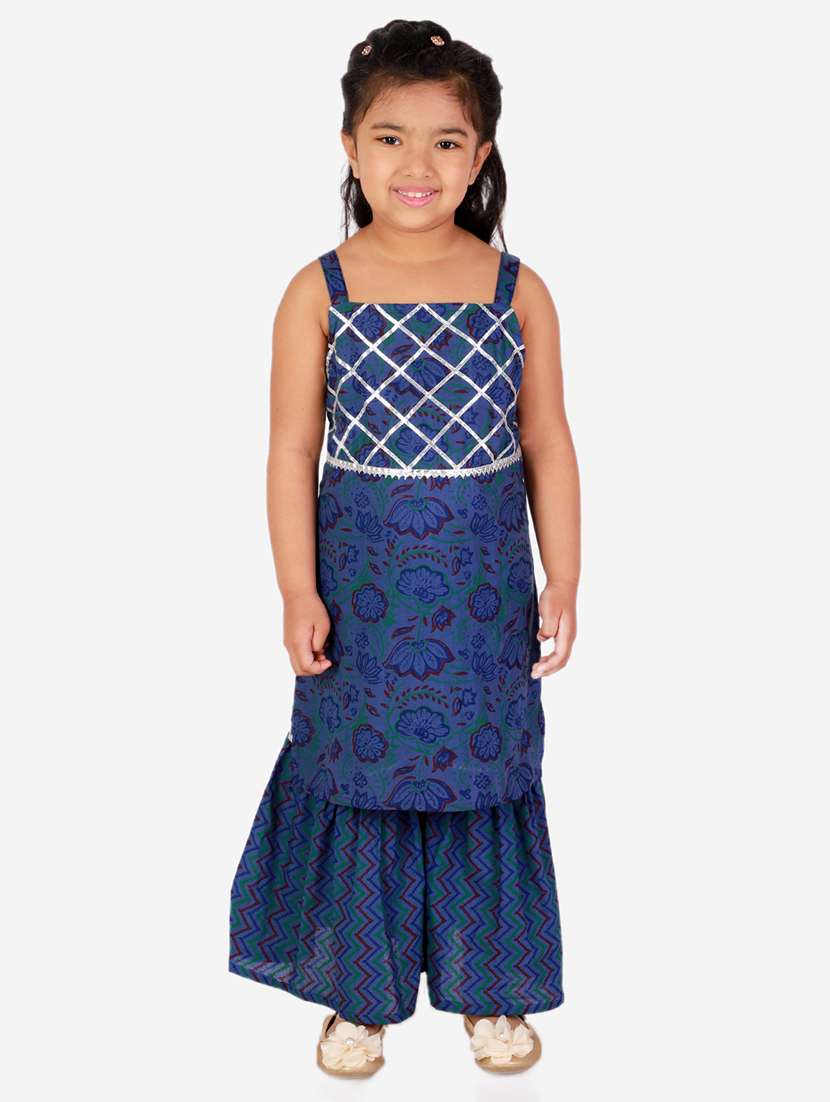 navy blue printed kurta sharara suit set