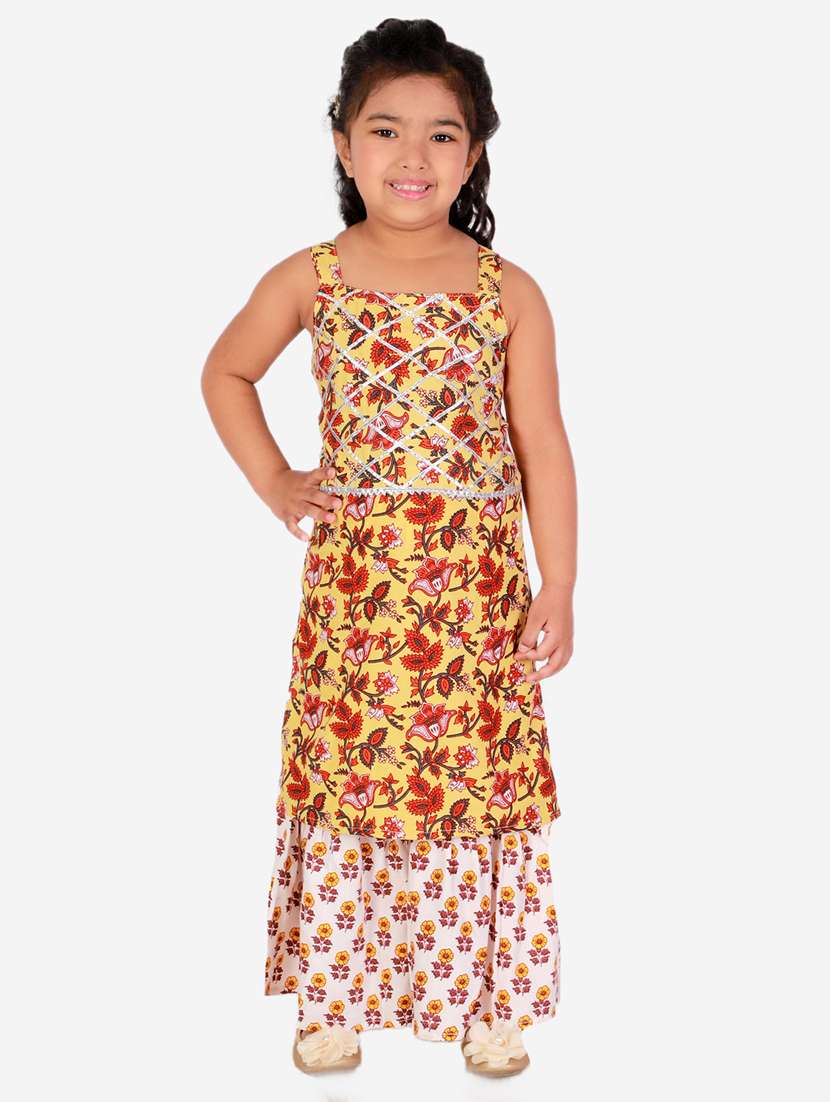 yellow printed kurta sharara suit set