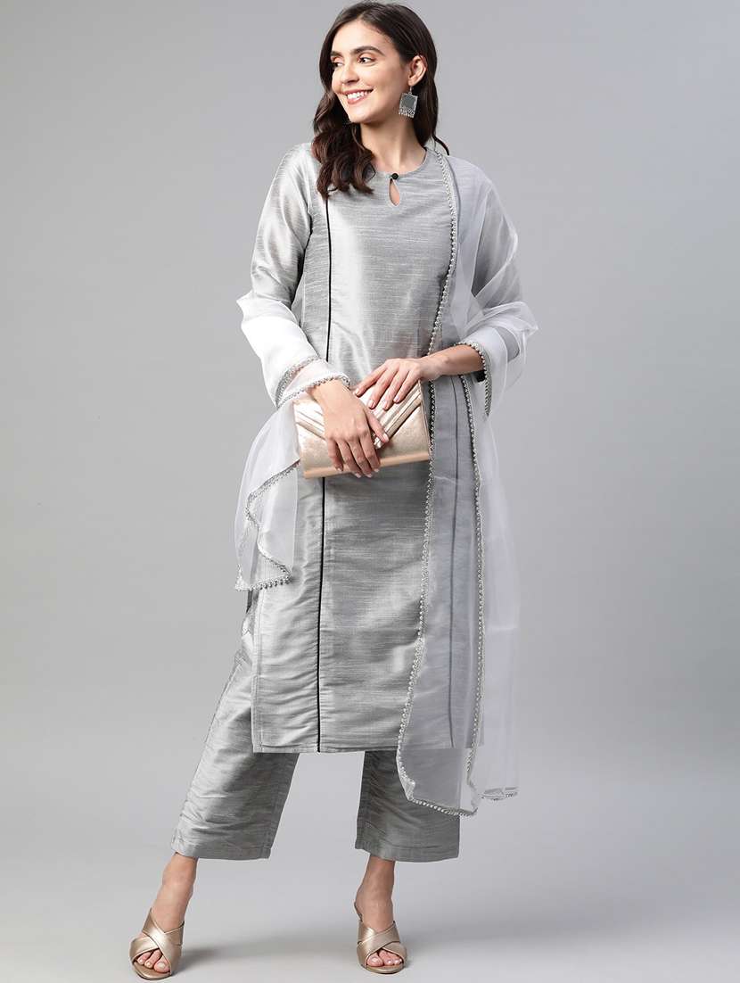 grey art silk kurta pant  set