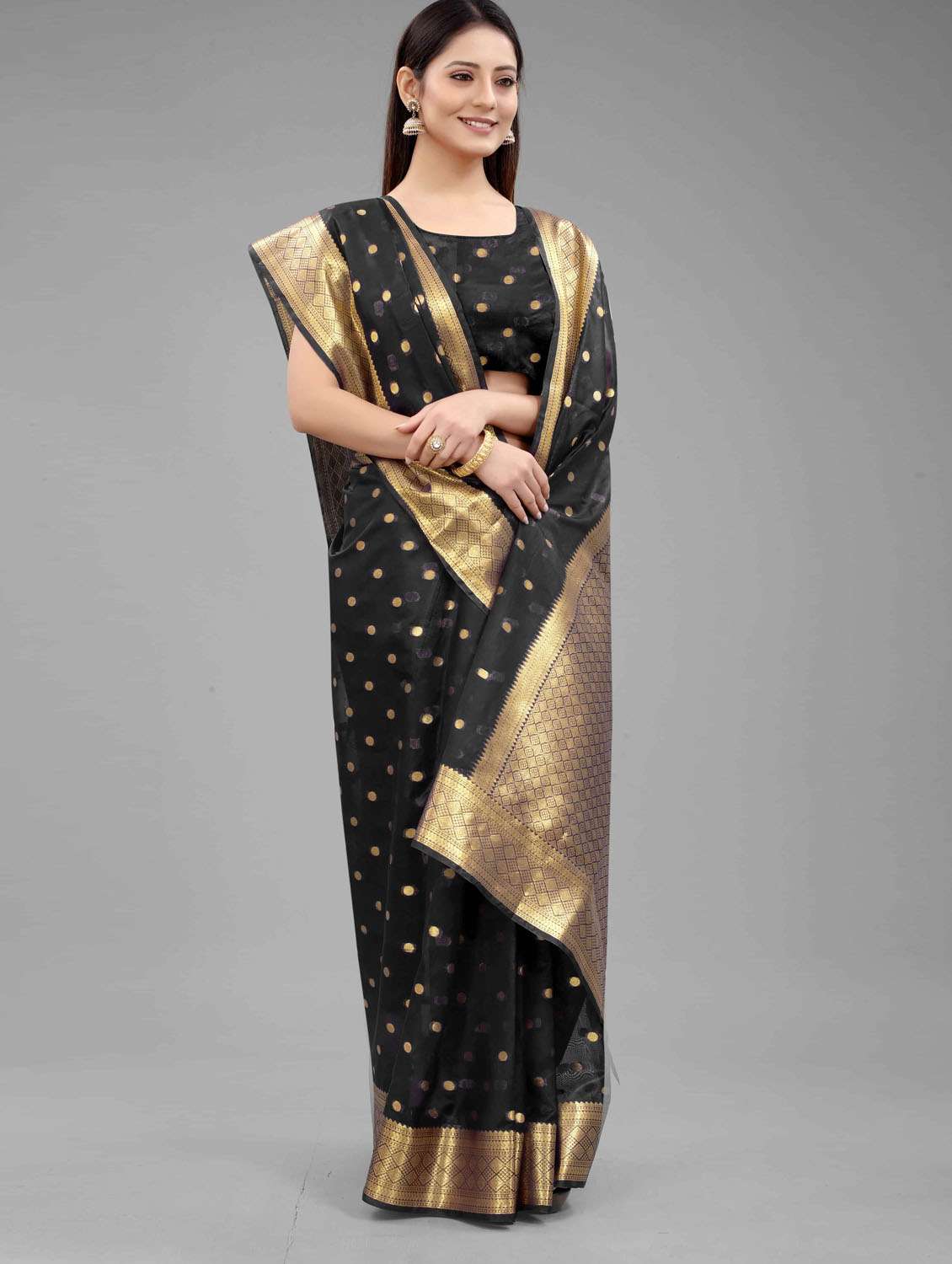 women's polka dots black colored saree - 18280757 -  Standard Image - 1
