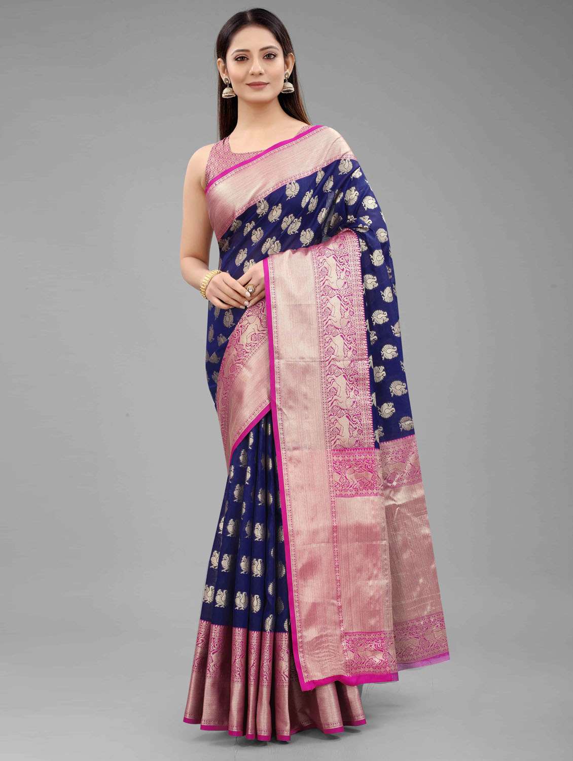 women's floral navy blue colored saree with blouse