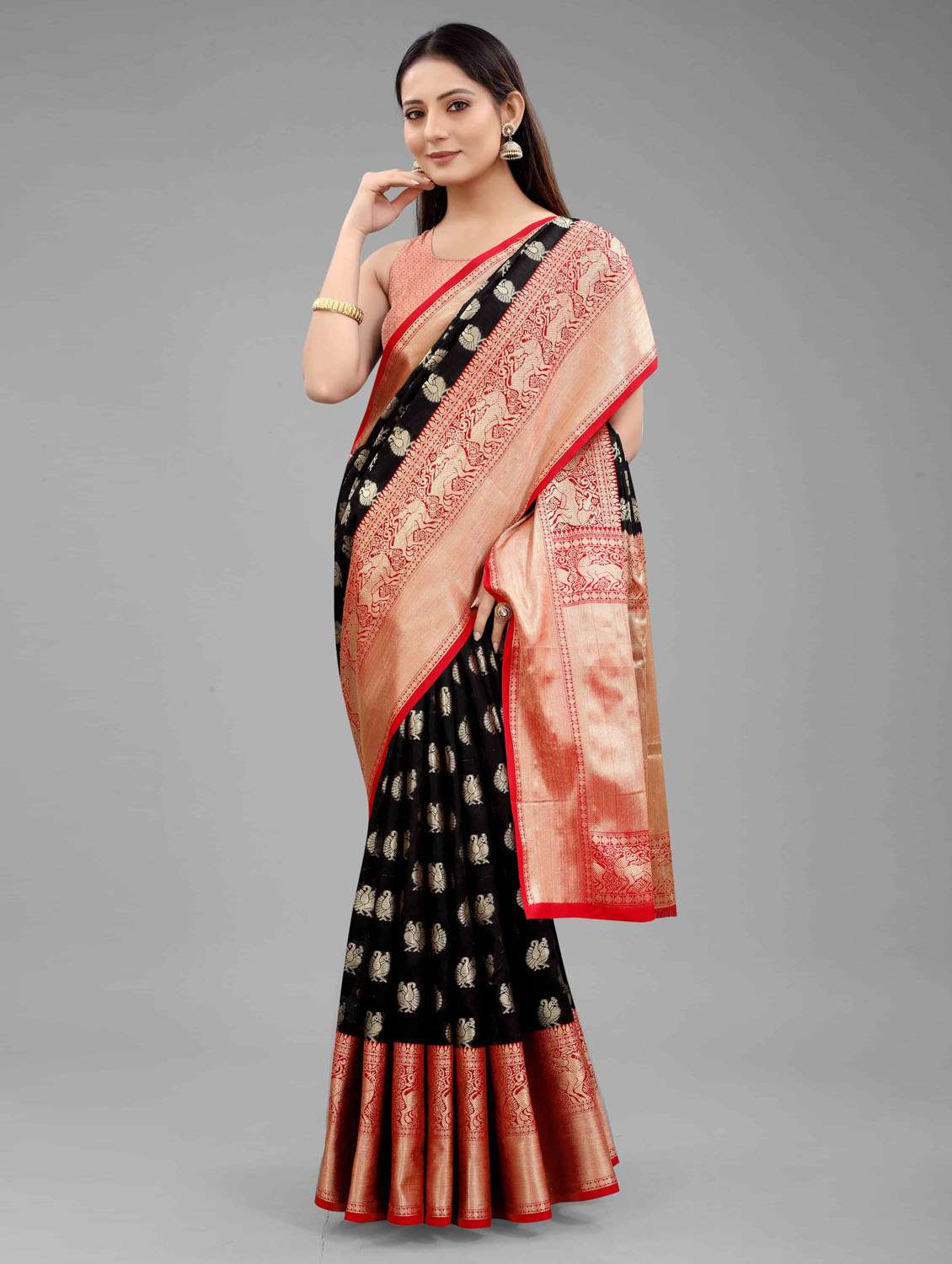 Women's Self Design Black Colored Saree With Blouse - 18280772 -  Standard Image - 1