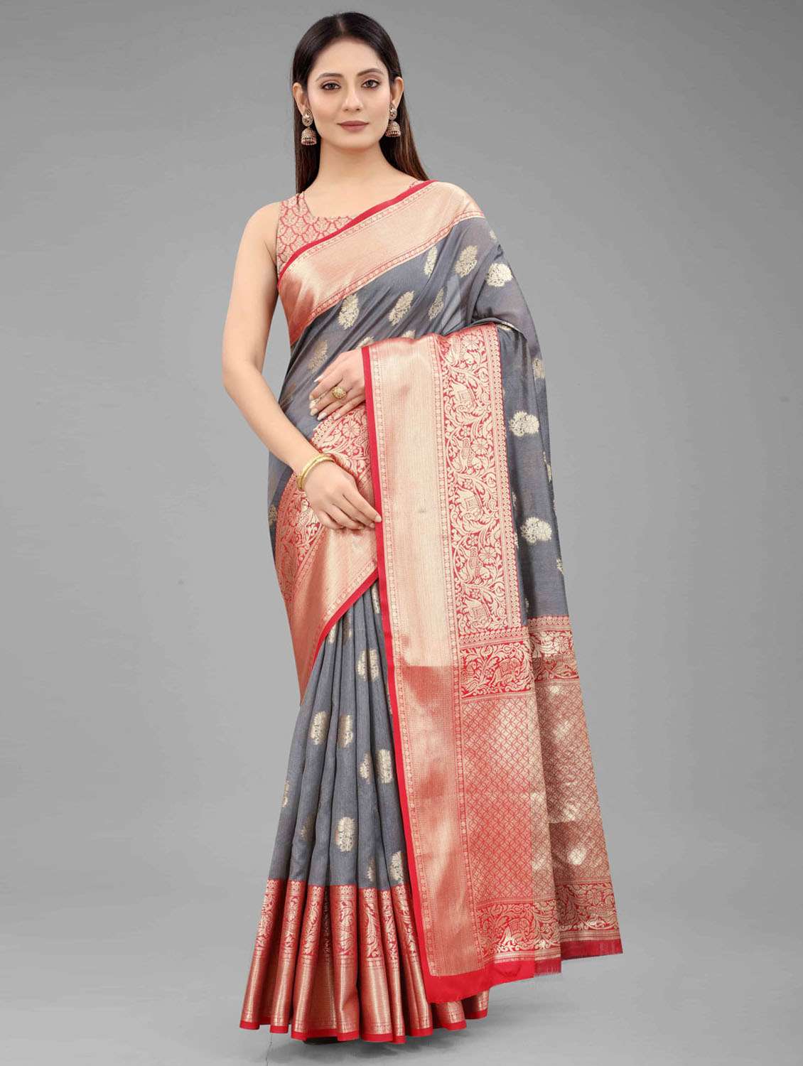 women's self design grey colored saree