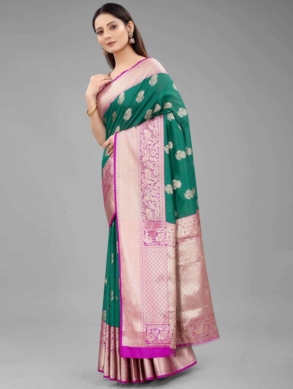 women's self design bottle green colored saree with blouse - 18280793 -  Standard Image - 1