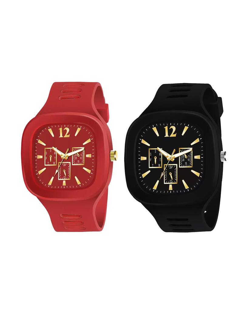 lorenz combo of 2 square dial & silicon strap watches for men (colour- black & red)  - 18281280 -  Zoom Image - 0