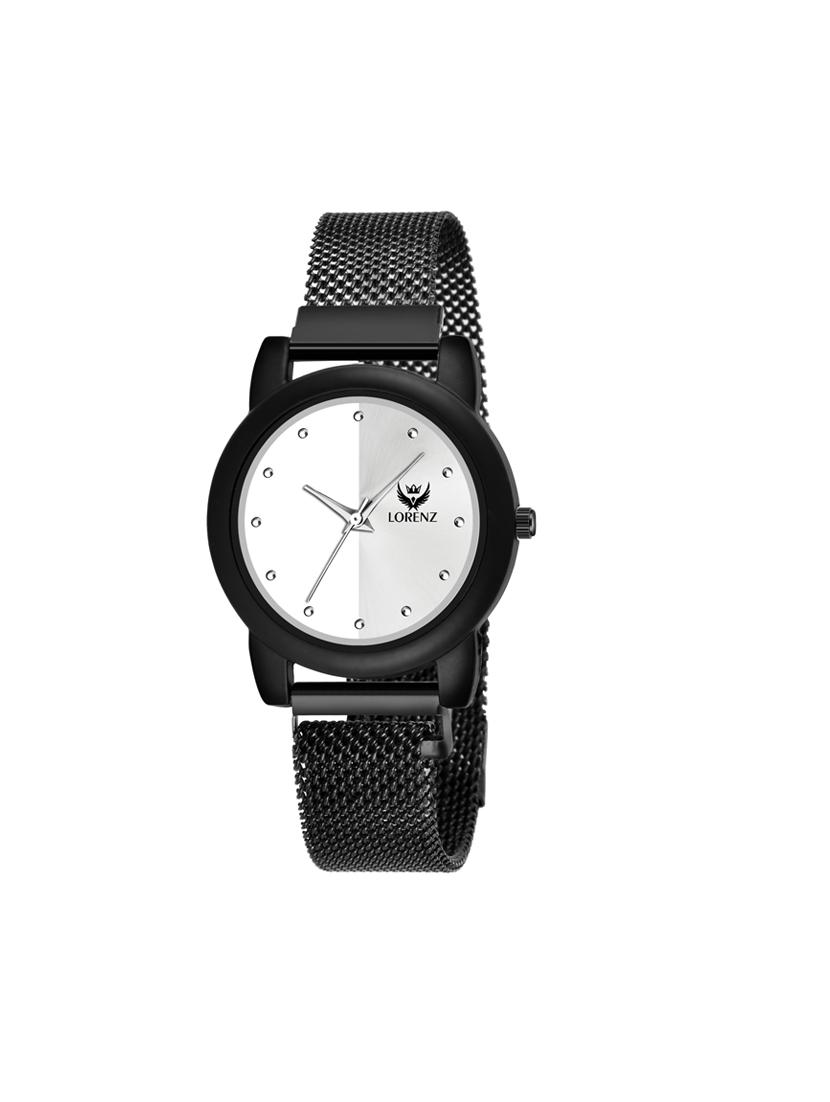 lorenz silver dial & black magnetic mesh strap watch for women & girls