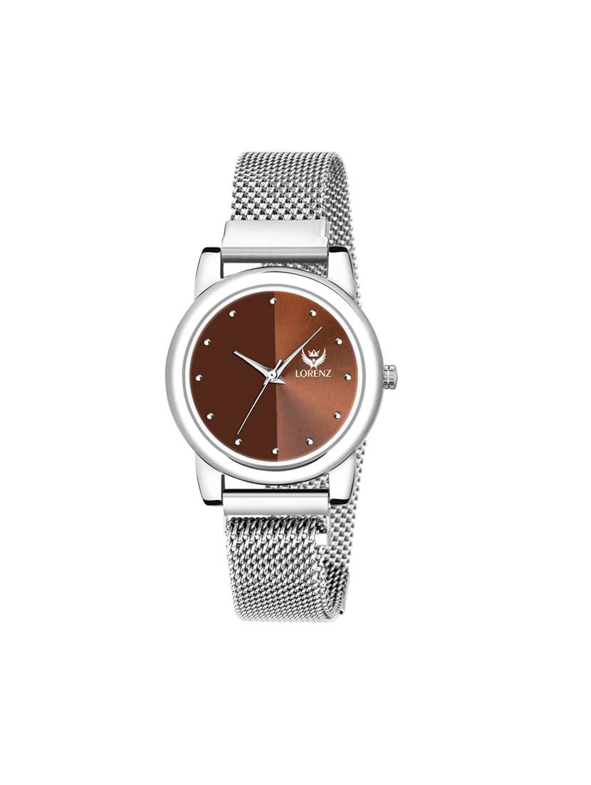 lorenz brown dial & silver magnetic mesh strap watch for women & girls