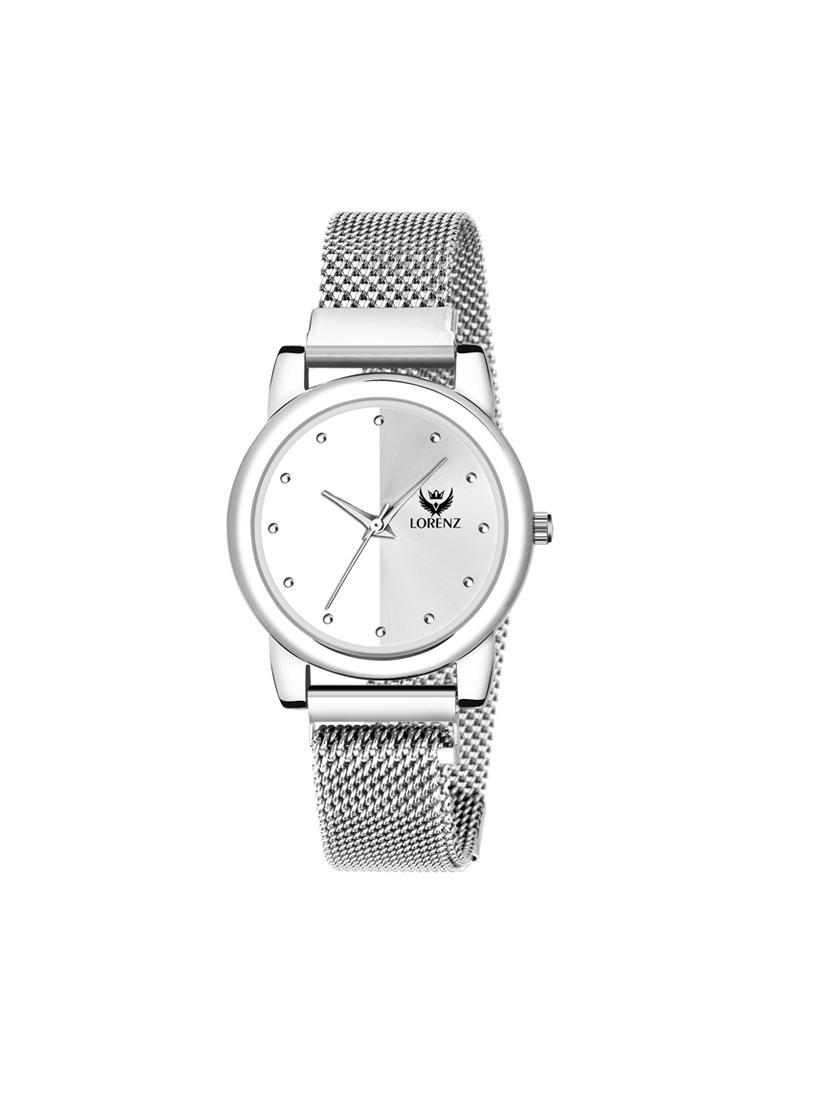 lorenz silver dial & silver magnetic mesh strap watch for women & girls 
