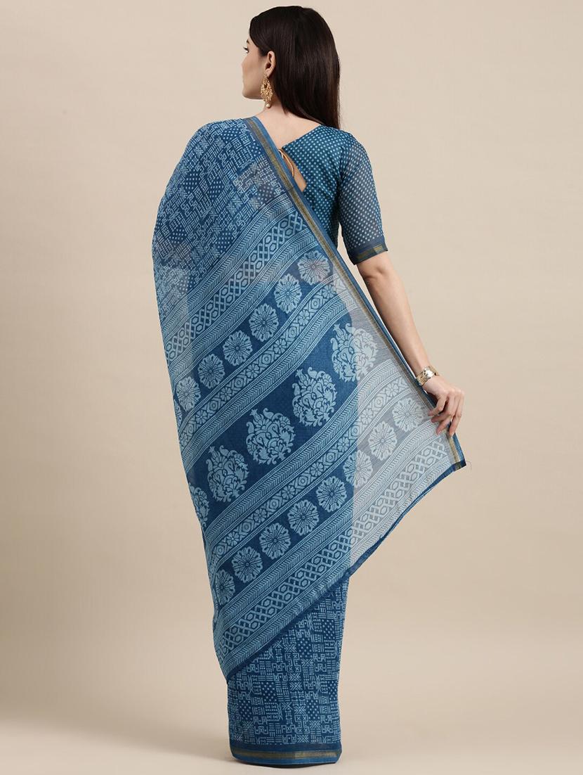 blue cotton blend printed saree - 18281915 - Standard Image - 1