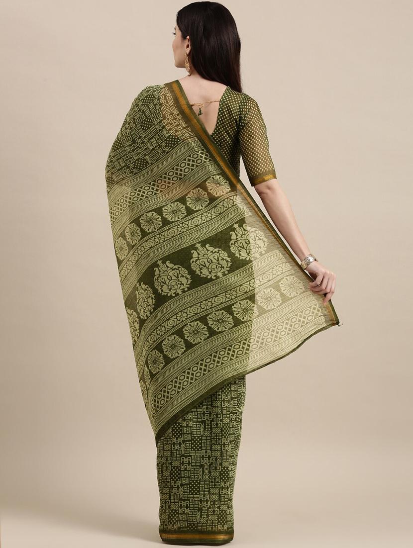 olive block printed saree - 18281917 - Standard Image - 1