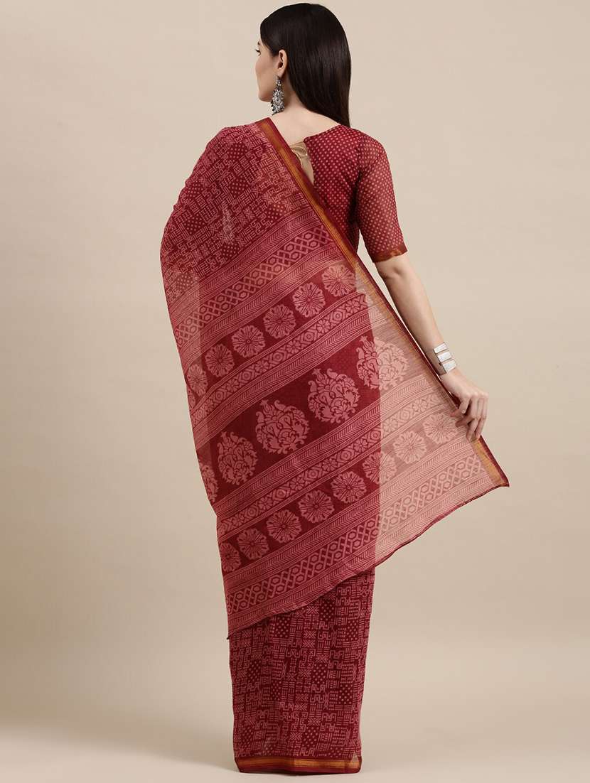 maroon cotton blend printed saree - 18281918 -  Standard Image - 1
