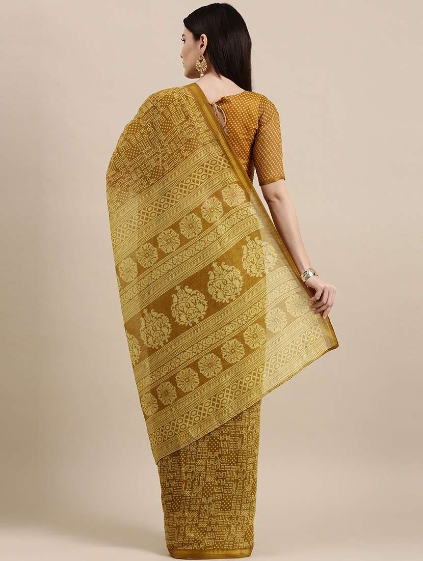 women's block print mustard colored saree - 18281920 -  Standard Image - 1