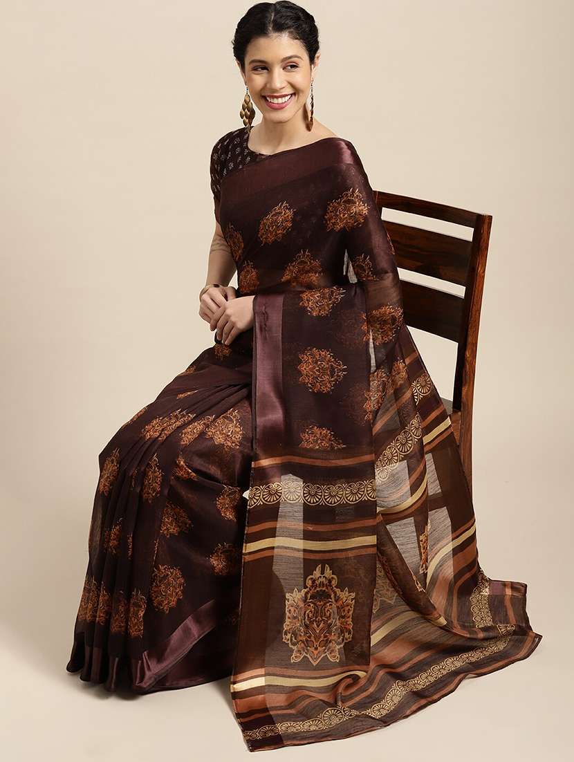 women's printed coffee brown colored saree