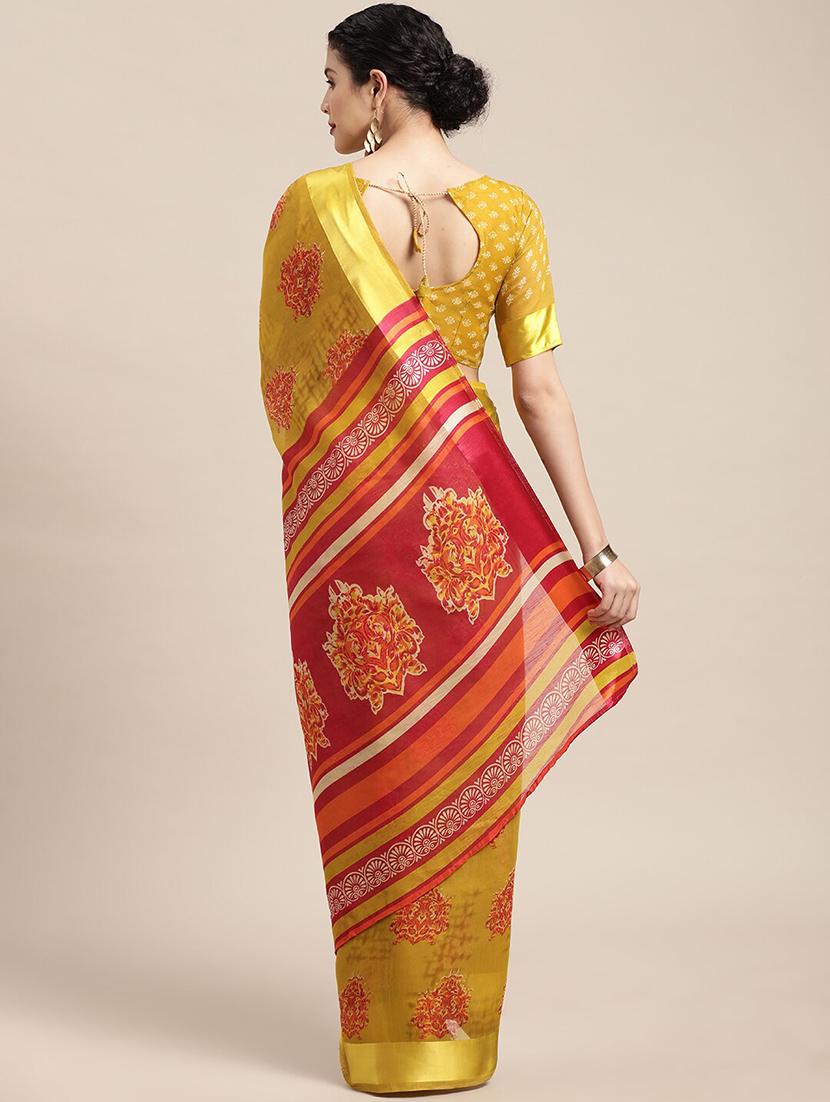women's block print mustard colored saree - 18281926 -  Standard Image - 1