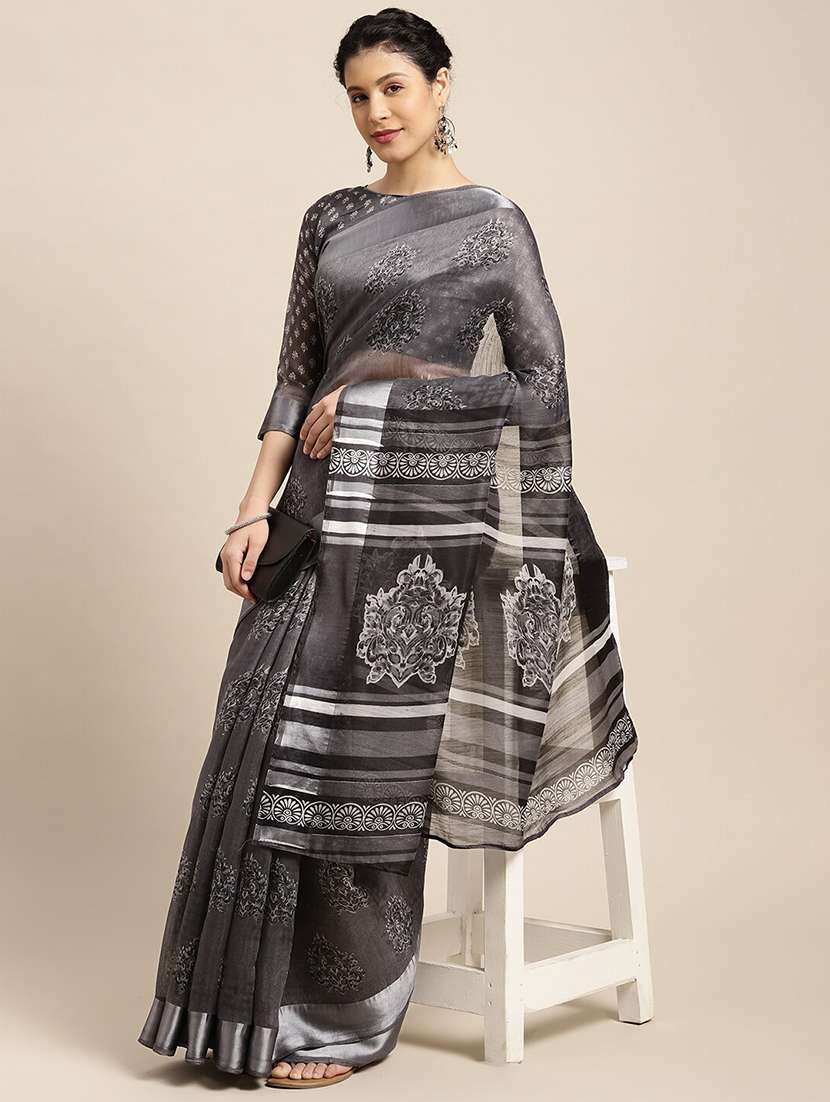grey cotton blend printed saree