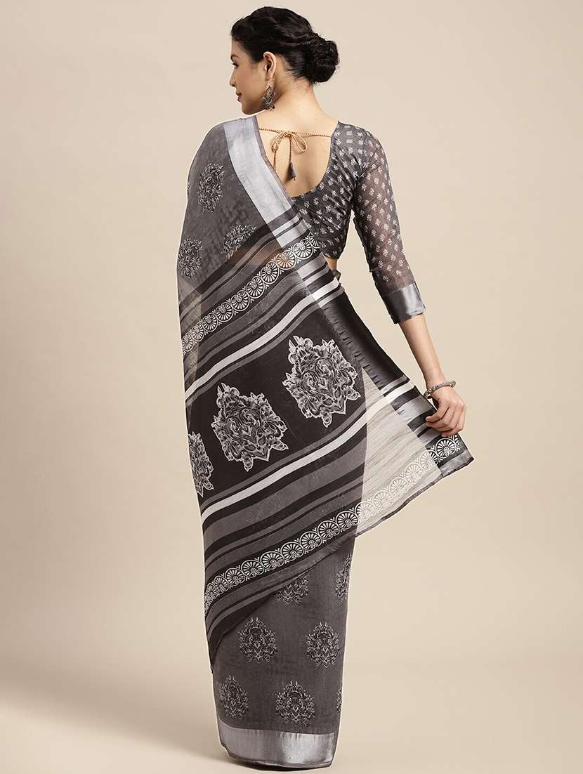 grey cotton blend printed saree - 18281929 -  Standard Image - 1
