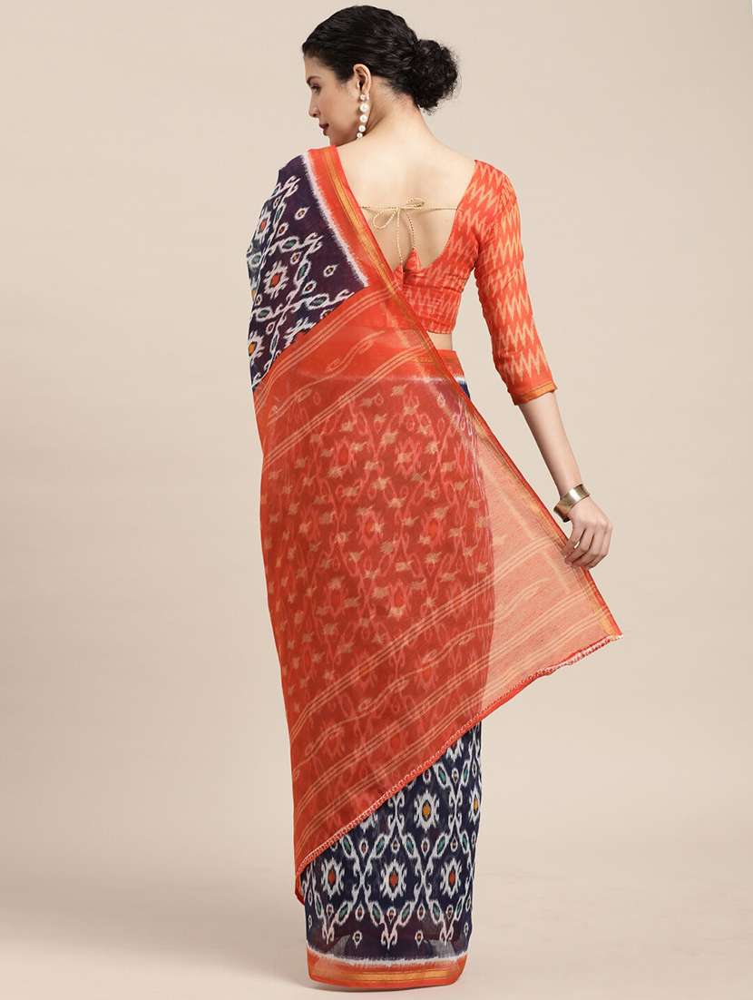navy cotton blend printed saree - 18281932 -  Standard Image - 1