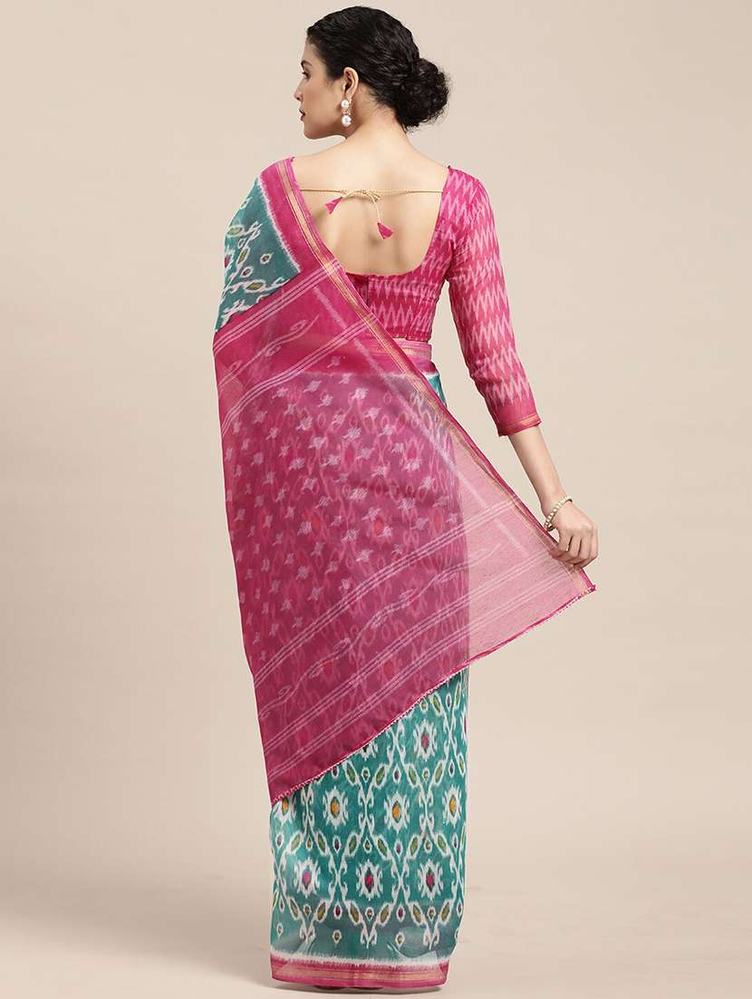 green cotton blend printed saree - 18281935 -  Standard Image - 1