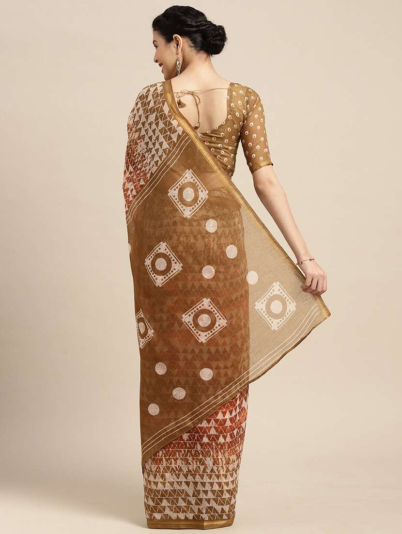 orange cotton blend printed saree - 18281938 - Standard Image - 1