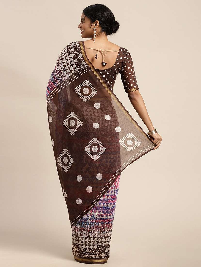 women's geometric brown colored saree with blouse - 18281939 -  Standard Image - 1