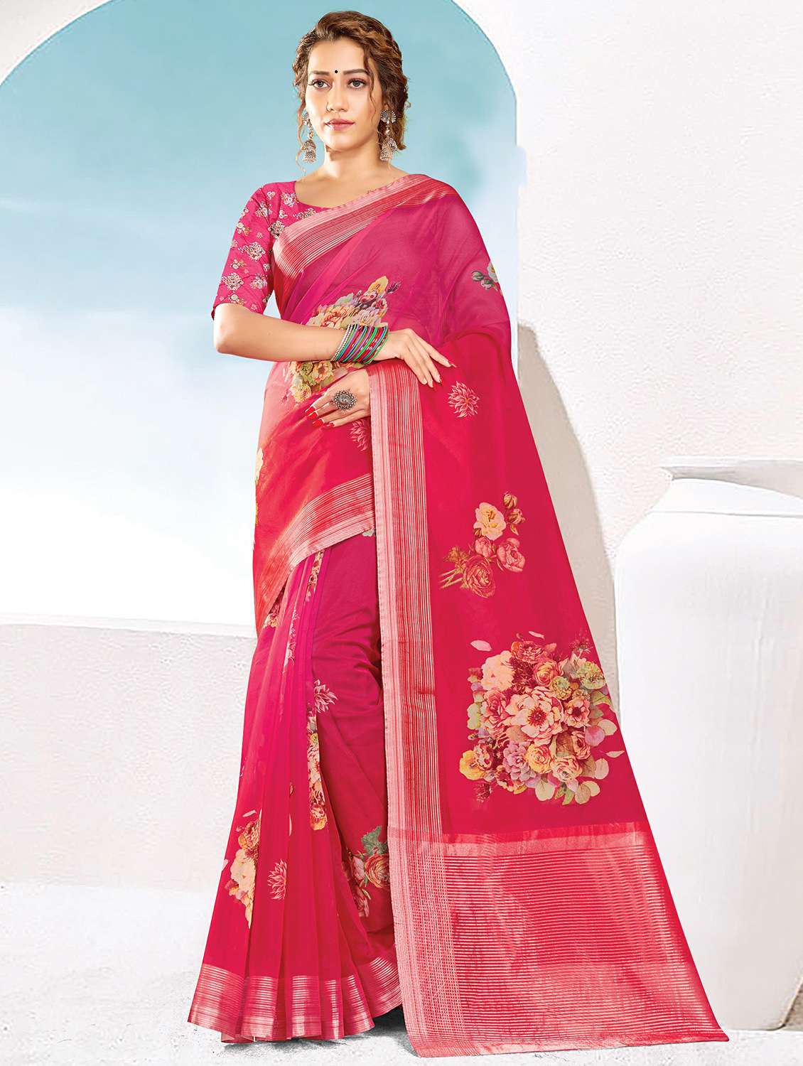 women's floral pink colored saree with blouse