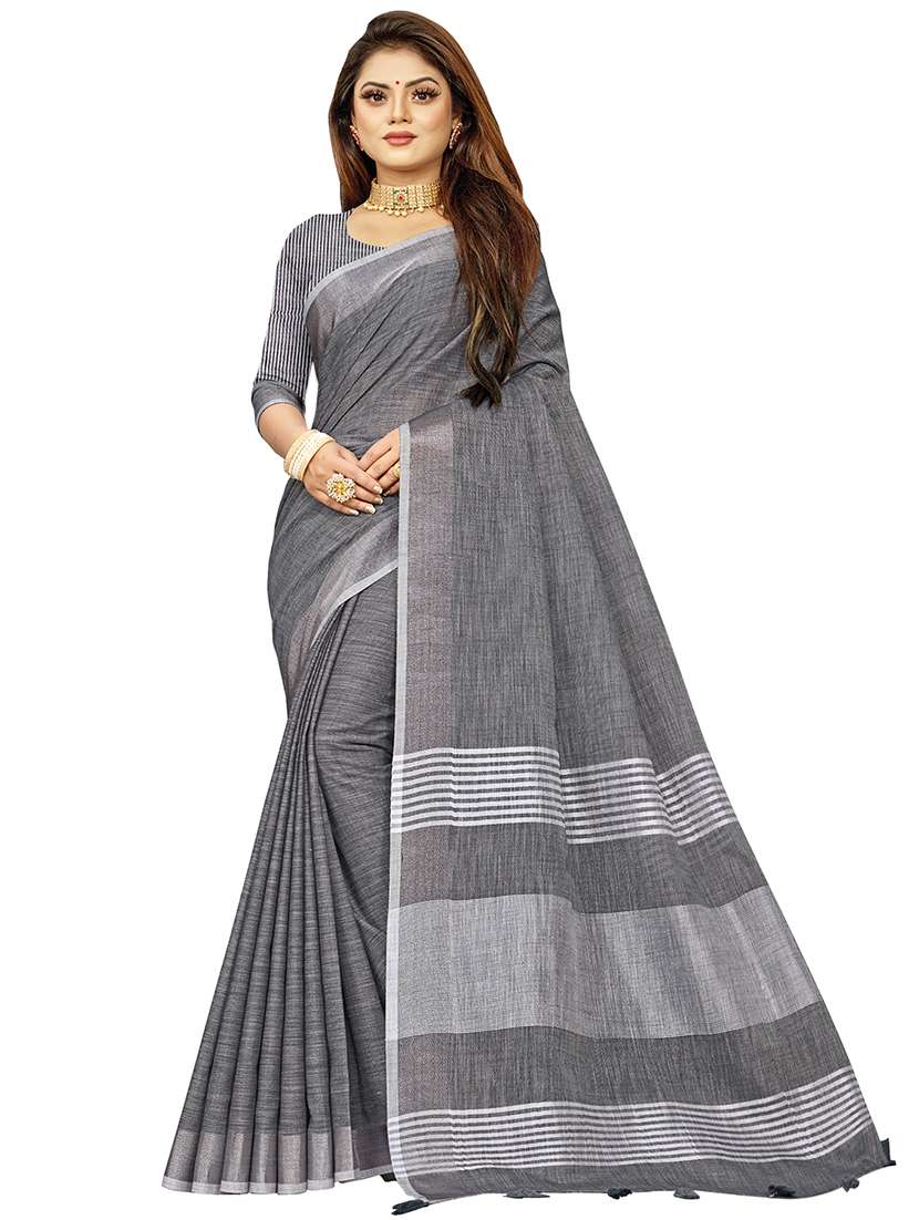 women's stripes grey colored saree with blouse