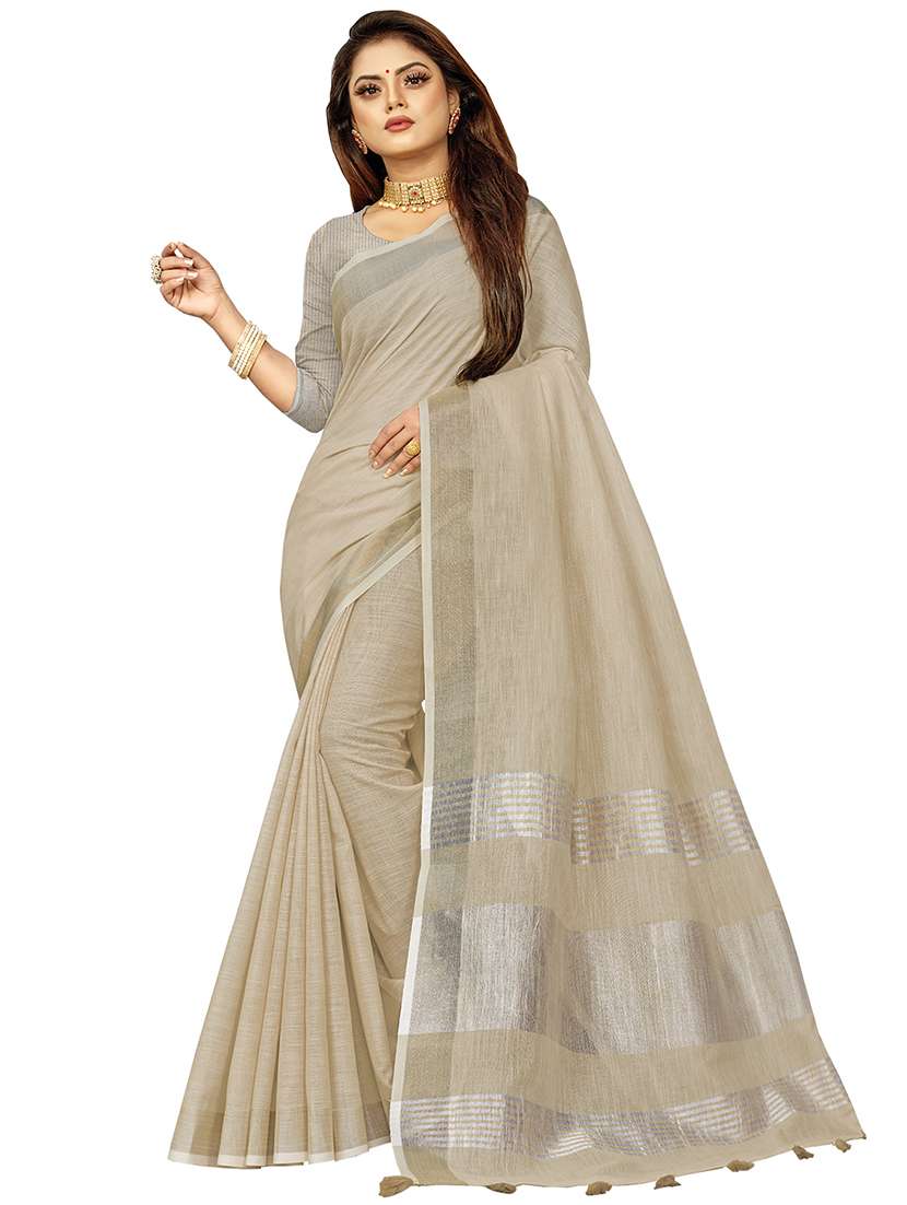 women's bordered beige colored saree with blouse