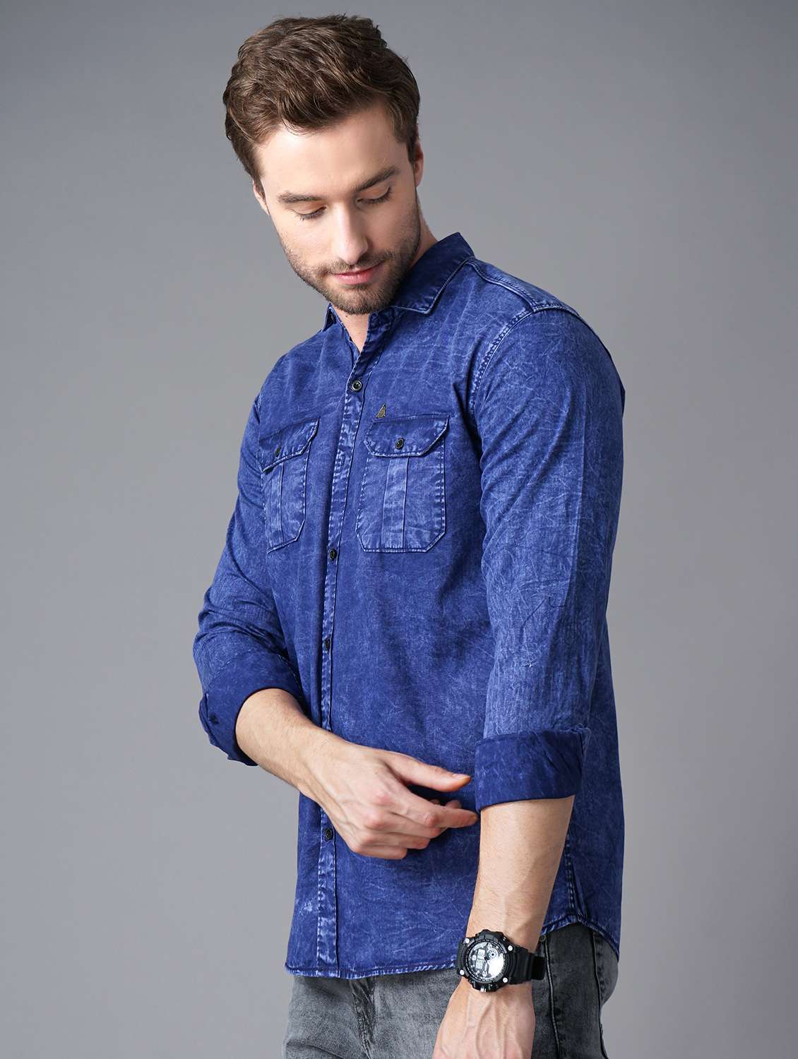 navy blue light-washed denim casual shirt - 18283651 -  Standard Image - 1