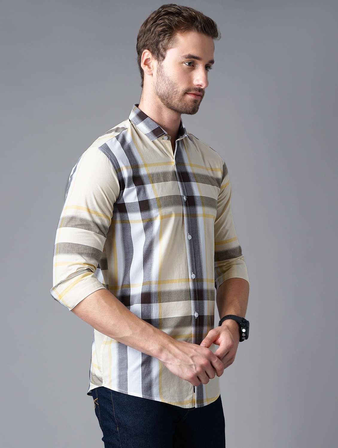 yellow checkered casual shirt - 18283665 - Standard Image - 1