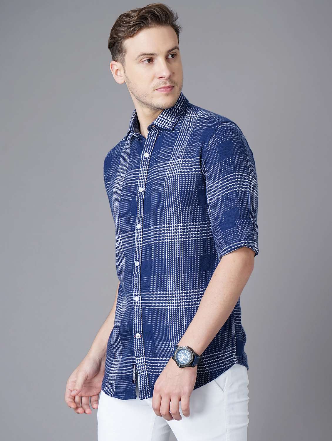navy-blue checkered casual shirt - 18283669 - Standard Image - 1