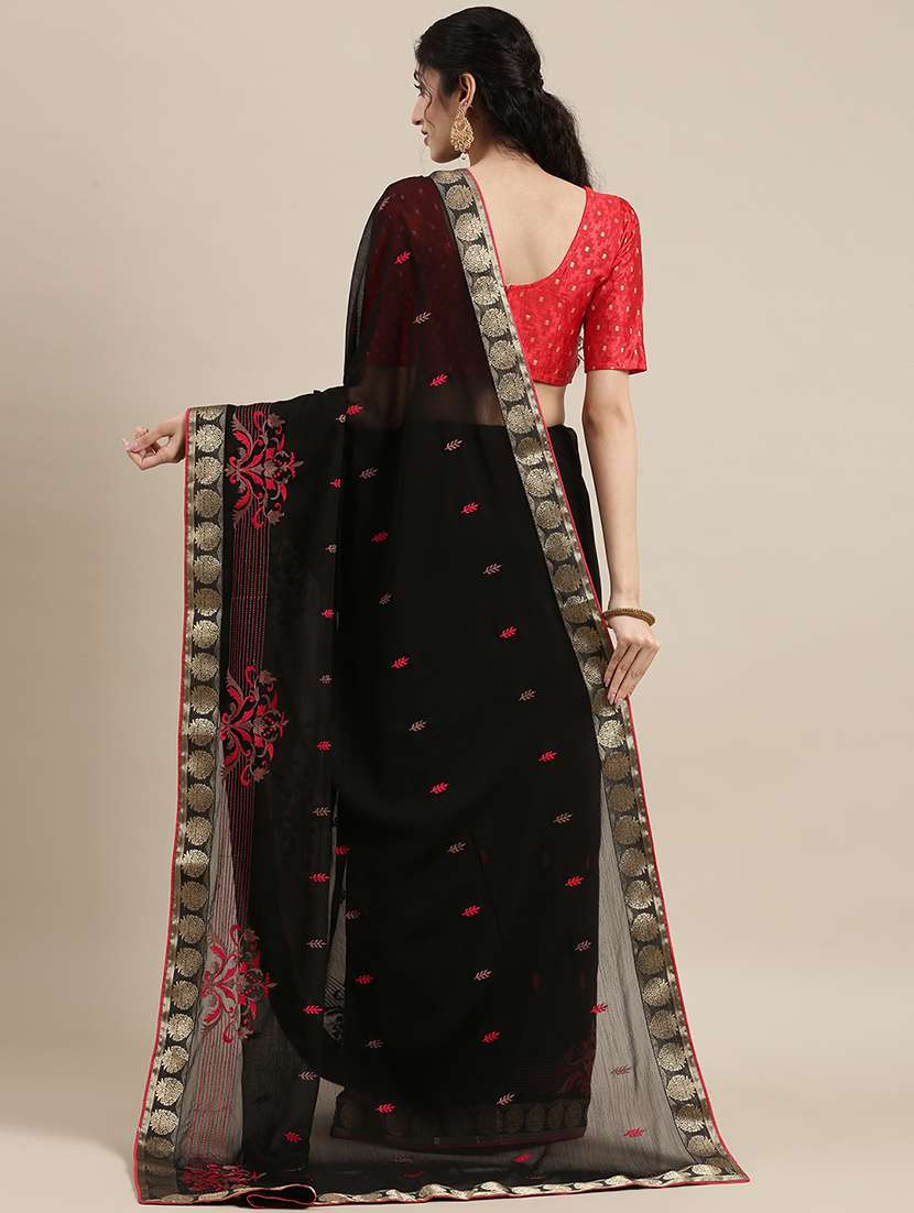 black chiffon embroidered saree with blouse - 18283826 -  Standard Image - 1