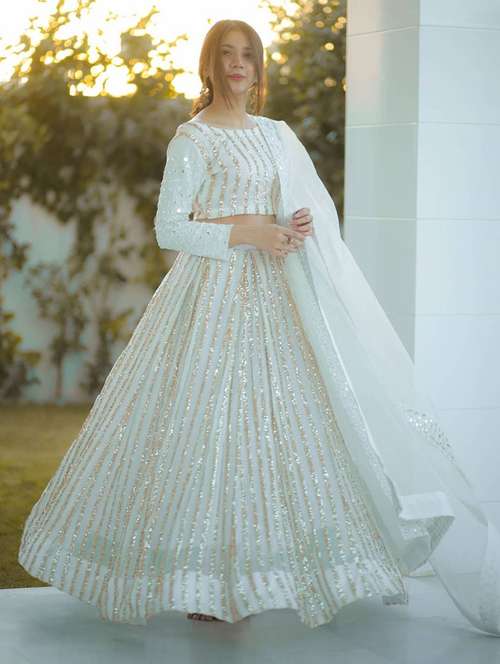 white embroidered solid flared semi-stitched lehenga choli with dupatta - 18284702 - Standard Image - 0
