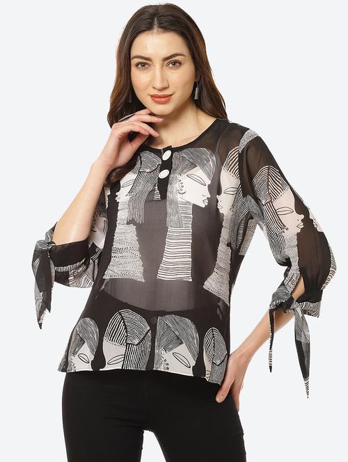 tie knot sleeved printed top - 18285130 - Standard Image - 0