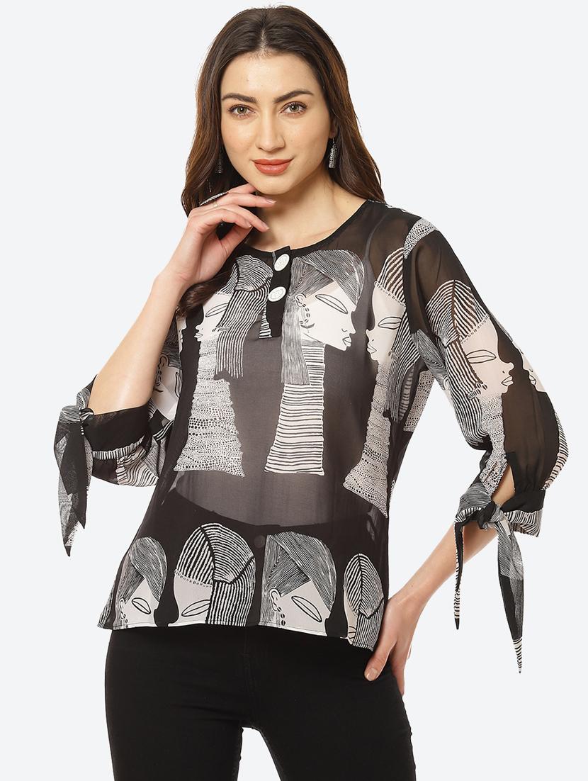 tie knot sleeved printed top - 18285130 - Zoom Image - 0