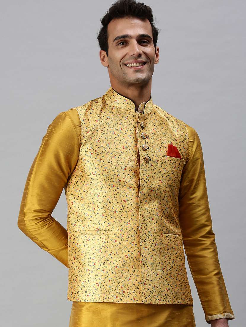 yellow printed nehru jacket