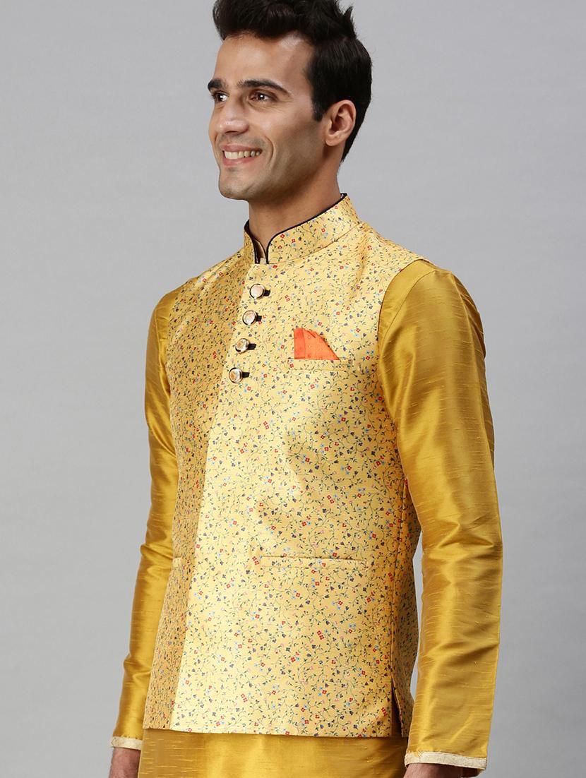 yellow printed nehru jacket - 18285447 - Standard Image - 1