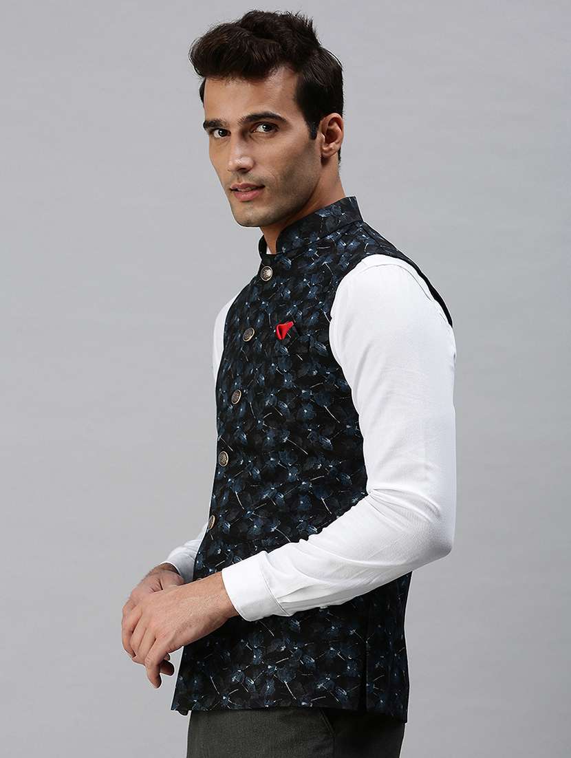 navy-blue printed nehru jacket - 18285449 -  Standard Image - 1