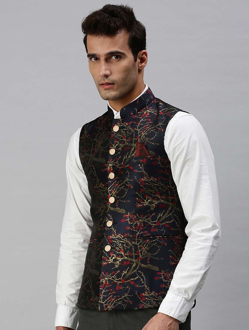 navy blue printed nehru jacket - 18285454 -  Standard Image - 1