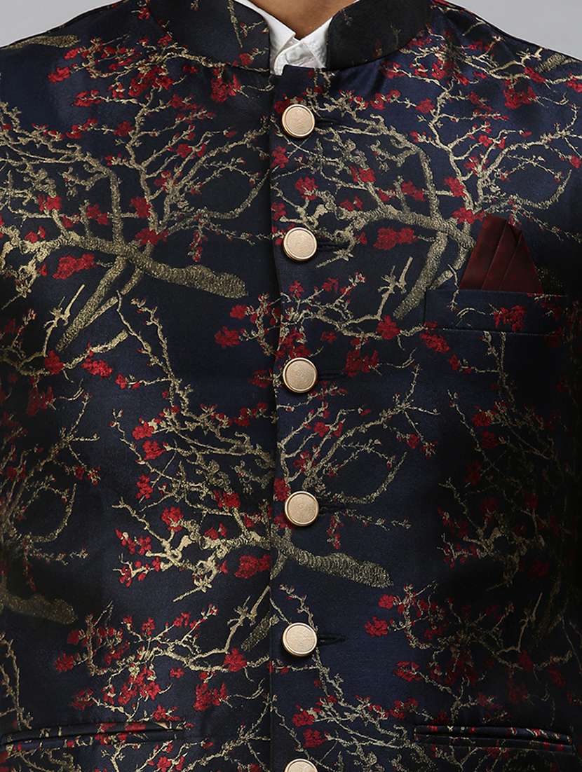 navy blue printed nehru jacket - 18285454 -  Standard Image - 4