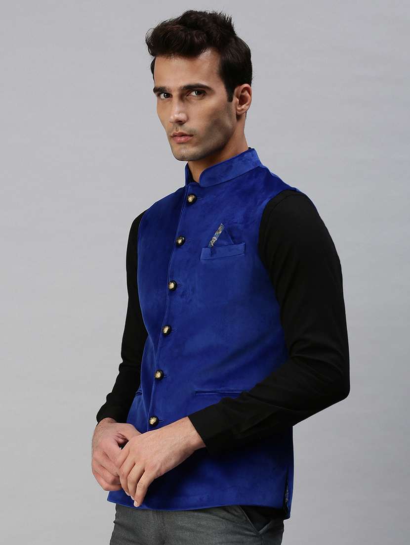 blue solid nehru jacket - 18285457 -  Standard Image - 1