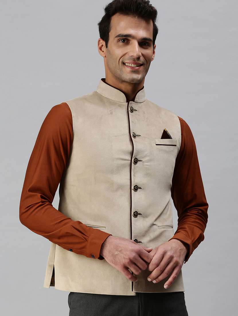 beige solid nehru jacket