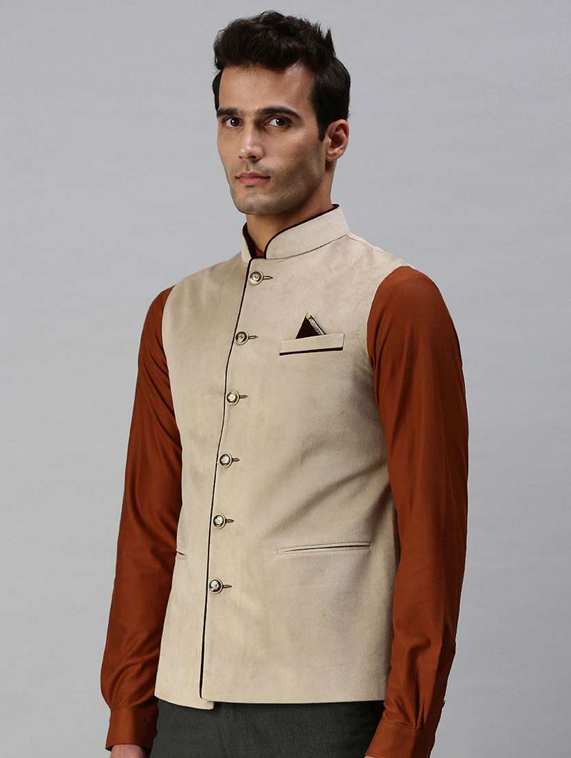beige solid nehru jacket - 18285458 - Standard Image - 1